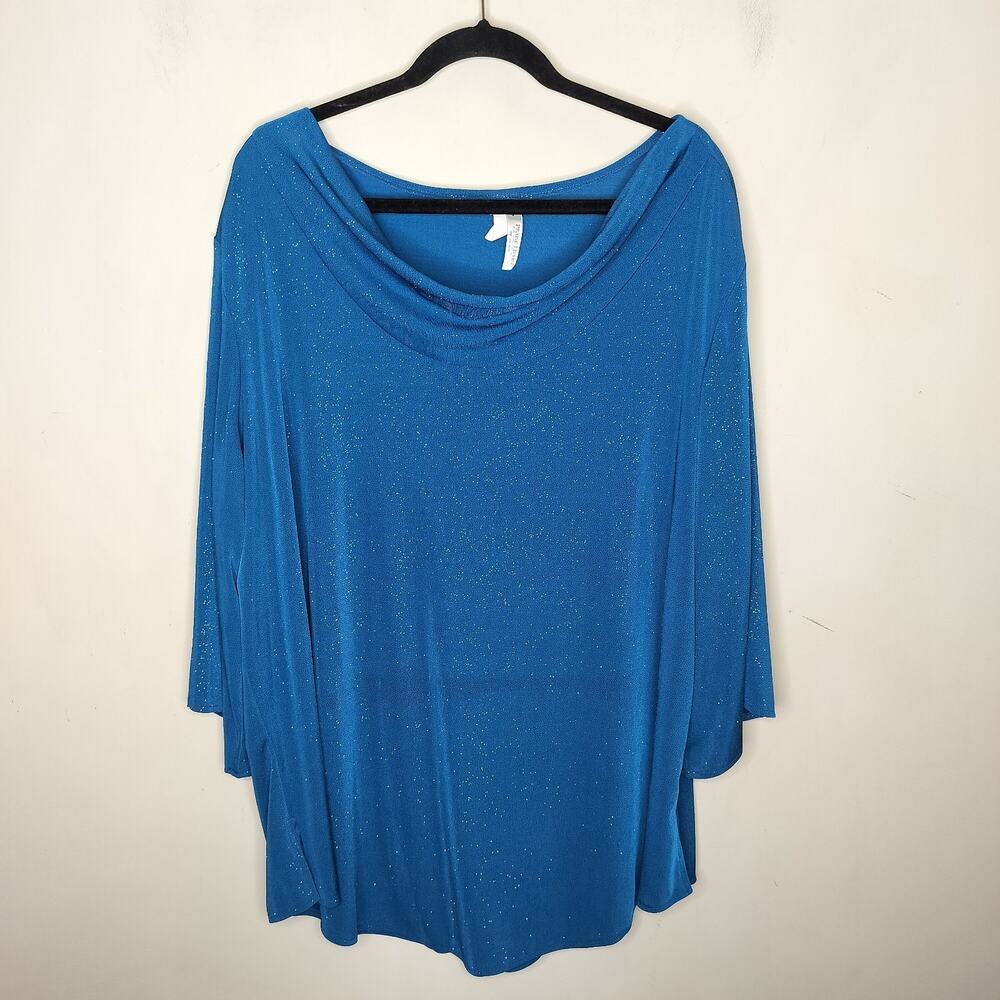 Praise Hymn Top Blue Shimmery Stretch 3/4 Sleeve Cowl‎ Neck